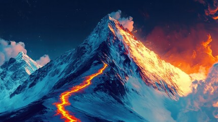 Obraz premium A dramatic mountain landscape with a flowing lava river and vibrant clouds at sunset.