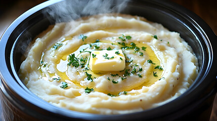 Creamy mashed potatoes with butter and parsley in a slow cooker.