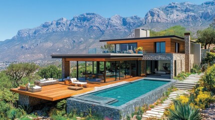 Fototapeta premium Modern house with a swimming pool and mountain views.