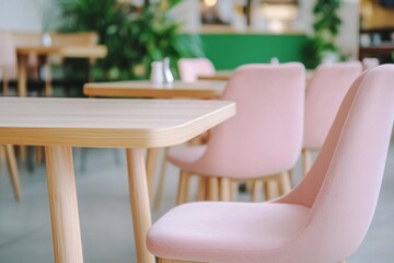 Cozy cafe interior featuring pastel pink chairs and natural wooden furniture in a minimalist design