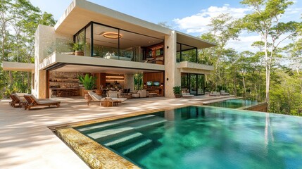 Fototapeta premium Modern house with infinity pool and lush tropical vegetation.