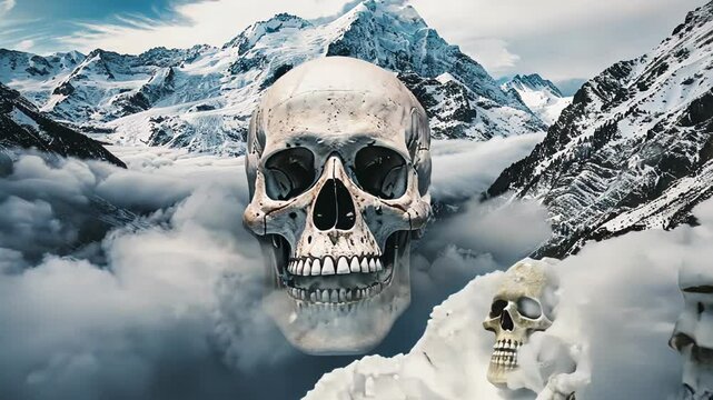 Giant skull emerging from snow-covered mountains, creating a surreal and eerie atmosphere in a winter landscape