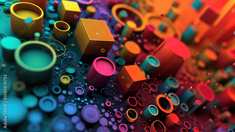 Poster abstract background with colorful 3d shapes scattered in geometric composition