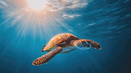 Obraz premium Majestic Turtle Swimming Under Water Rays