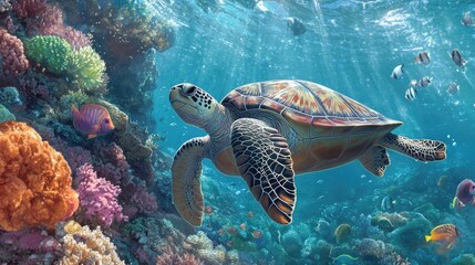 Majestic Turtle Swimming Through Vibrant Coral Reef