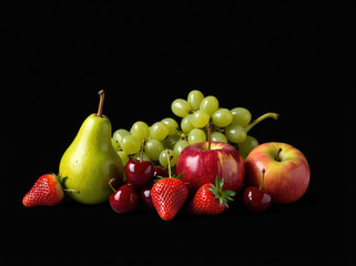 Colorful assortment of fresh fruits arranged artistically on a dark background, showcasing nature's bounty and vibrant colors