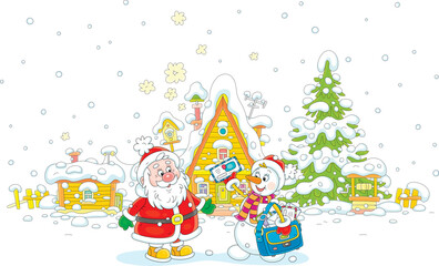 Funny toy snowman postman with letters from little children to Santa Claus, vector cartoon illustration on white