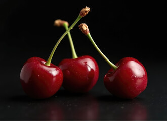 Juicy red cherries glistening under soft light, captured beautifully with a dark background in a...
