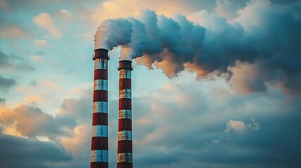 Industrial smoke stacks with pollution against a cloudy sky, environmental concern