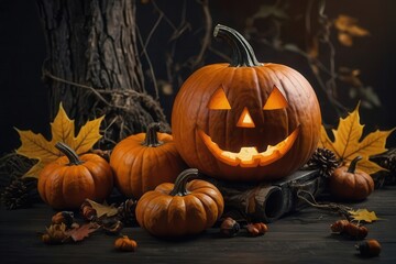 Obraz premium halloween, pumpkin, autumn, orange, holiday, lantern, face, october, scary, fall, decoration, vegetable, jack, carved, evil, horror, jack-o-lantern, celebration, season, spooky, symbol, isolated, smil