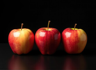 Three vibrant red apples lined up against a dark background in a minimalistic still life composition exuding freshness and color