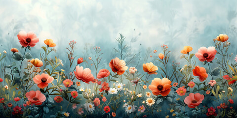 Obraz premium Field of poppies. Empty frame, copy space