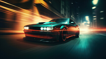 Naklejka premium Street racing scene with sport car in neon lights. Speed lines and light trails of night urban drive.