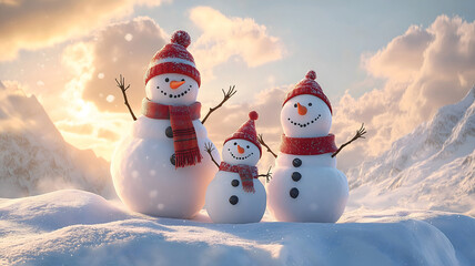 Fototapeta premium A snowman family with hats and scarves with the mountians behind them