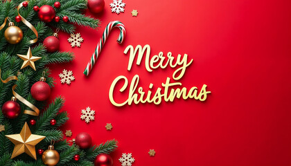 Merry Christmas greeting card with Xmas greeting lettering, fir branches, baubles and toys