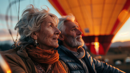 Obraz premium Senior Elderly Happy Healthy Retired Married Couple Embracing Adventure in Hot Air Balloon Ride at Sunset Turkey – Travel, Holiday, Vacation, Adventure, Inclusivity, Diversity, and Love in Retirement