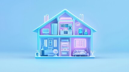 Colorful and modern house interior design with vibrant lights and sleek furniture against a blue background.