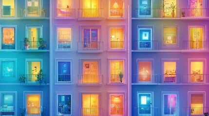 Naklejka premium Vibrant apartment facade with illuminated windows. A colorful urban scene showcasing diverse interiors and cozy atmospheres.