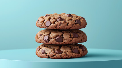 three double chocolate chip cookies stacked on top of one another on blue background 