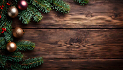 Vintage wooden table features a beautifully decorated fir tree branch border in a classic C_1(726)