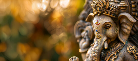 Close-up of Lord Ganpati statue for Ganesh Chaturthi celebration with a golden glow