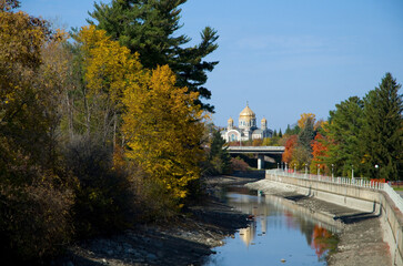 Horizontal View of Rideau Canal and Ukrainian Catholic Shrine During Fall Season