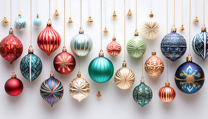 Vibrant ornaments hang around a white surface with festive colors and patterns creating a b_1(722)