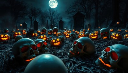 Eerie halloween night with skulls and pumpkins