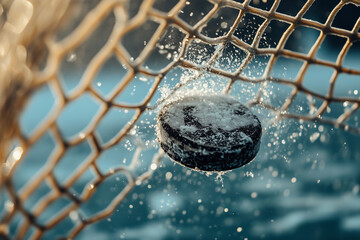 Fast ice hockey puck flying into goal net on field at World Cup match tournament, background with copy space.