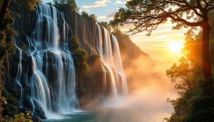 Majestic waterfall at sunrise