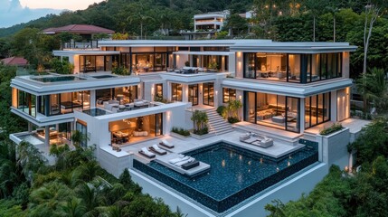 Modern luxury villa with infinity pool overlooking lush green hillside.