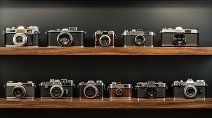 Obraz premium Vintage cameras displayed on wooden shelves in a modern setting showcasing photography history
