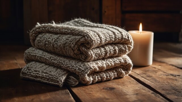 A cozy scene with a warm blanket and flickering candles, creating an inviting ambiance perfect for relaxation and comfort