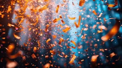 Festive celebration with vibrant confetti falling against a dark blue background during a lively nighttime event