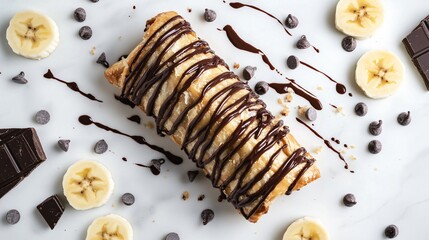 Banana and chocolate strudel, isolated on a white marble surface, surrounded by chocolate chips, banana slices, and a drizzle of chocolate sauce