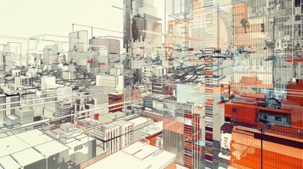 detailed architectural illustration featuring complex buildings and urban elements, creating a visually rich and intricate composition