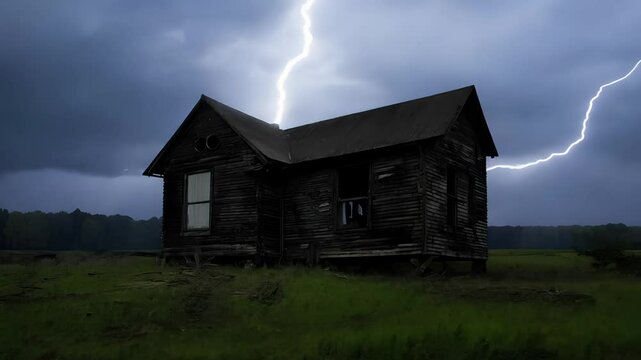 Lightening strikes over a old house