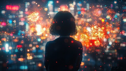 A girl in a dark blue coat with short hair stands sideways, gazing at the fireworks and city lights on New Year's Eve. 