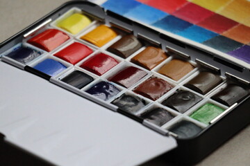 Colourful Watercolour Paint Set: Half Pan Metal Box Set of 21 Stock Photo