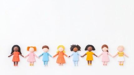 Fototapeta premium Colorful figurines representing diversity and friendship, holding hands in unity against a minimalist white backdrop.