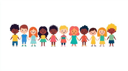 Fototapeta premium A vibrant illustration of diverse children holding hands, symbolizing friendship, unity, and inclusivity in a joyful setting.