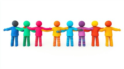 Fototapeta premium Colorful figurines standing together, symbolizing unity, diversity, and friendship in a vibrant and playful manner.
