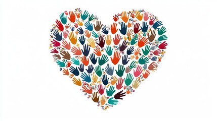 A colorful heart shape made of diverse hands symbolizing unity, love, and community. Perfect for themes of diversity and togetherness.