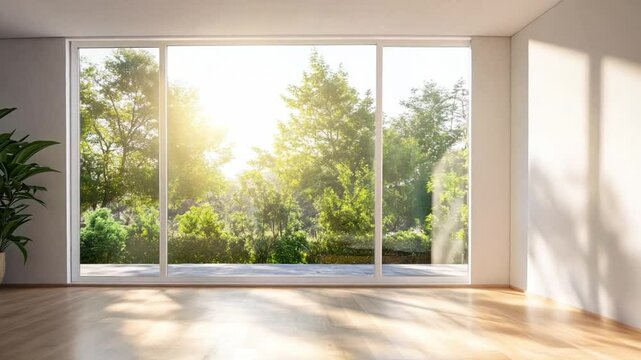 A serene empty room with sunlight streaming through expansive windows, showcasing lush greenery outside on a bright morning