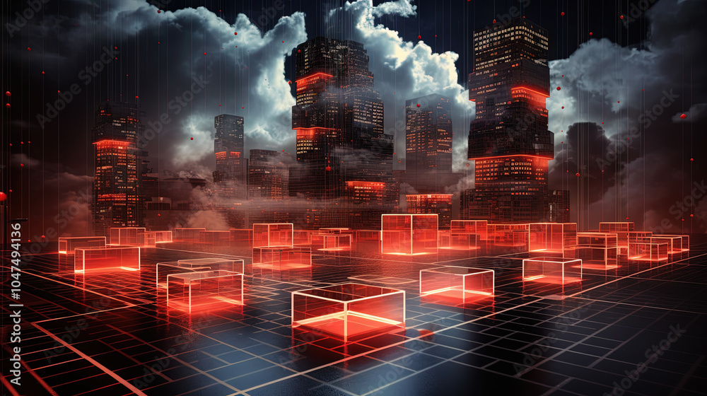 Aufkleber concept of a digital city with cloud connections. futuristic network in the clouds.