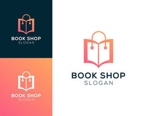 Naklejka premium Bookshop logo. Book with shopping bag vector logo design.