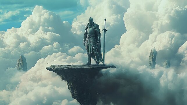 A  knight standing on a floating island surrounded by walking clouds and pastel-colored skies