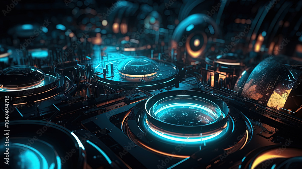 Poster Technology abstract background with hud styled round interface elements in neon tech light.