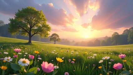 Fototapeta premium A summer morning landscape with bright flowers in a meadow, on a hill. Rainbow in the sky, cartoon