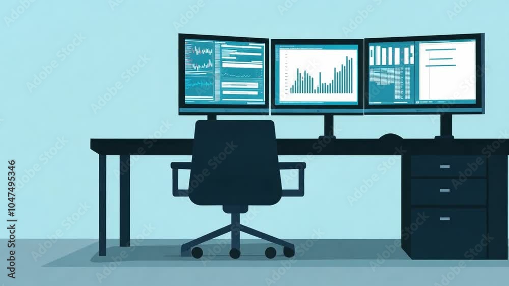 Poster modern workstation with multiple computer monitors displaying data analytics in a bright office envi